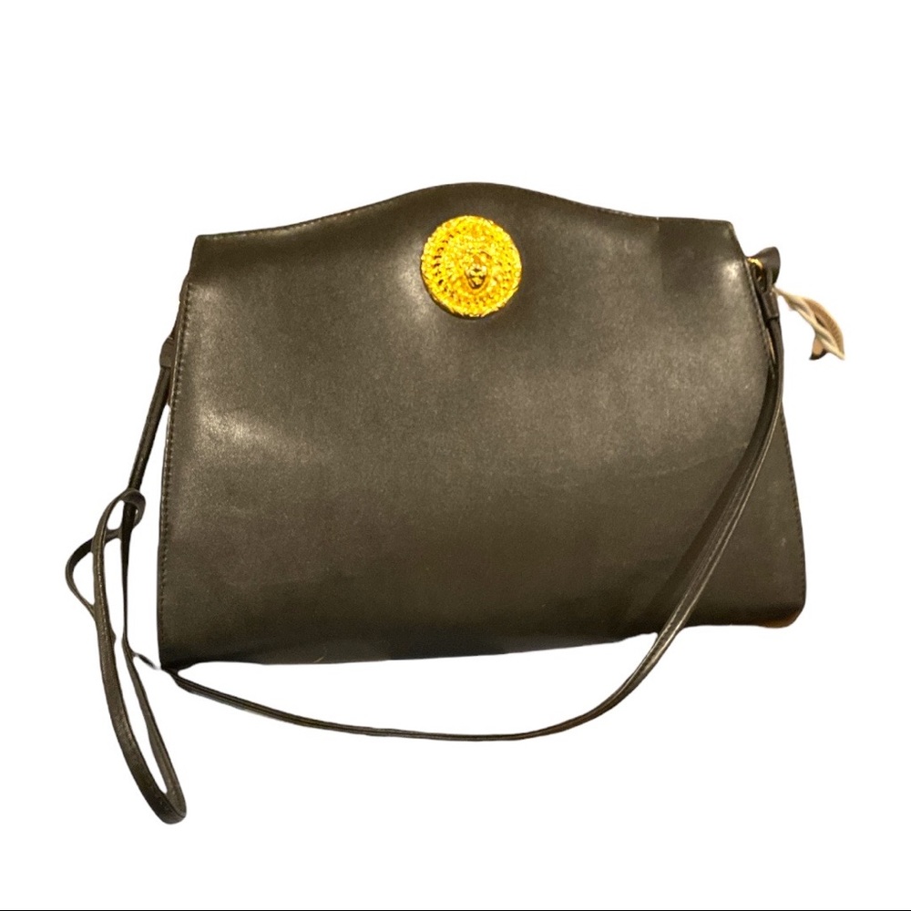 black leather constructed slim style medium size crossbody bag